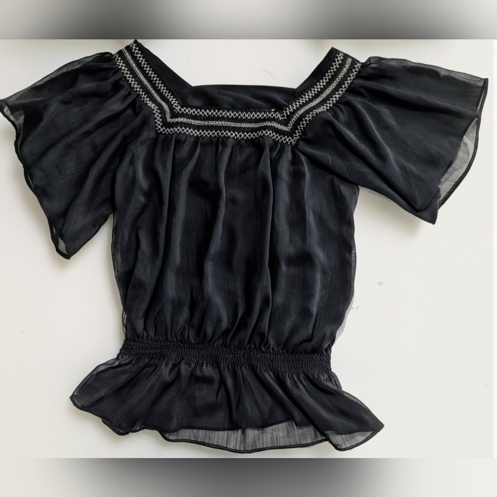 Mudd Women's Sz Small Black Sheer Square-Neck Embroidered Peasant Blouse